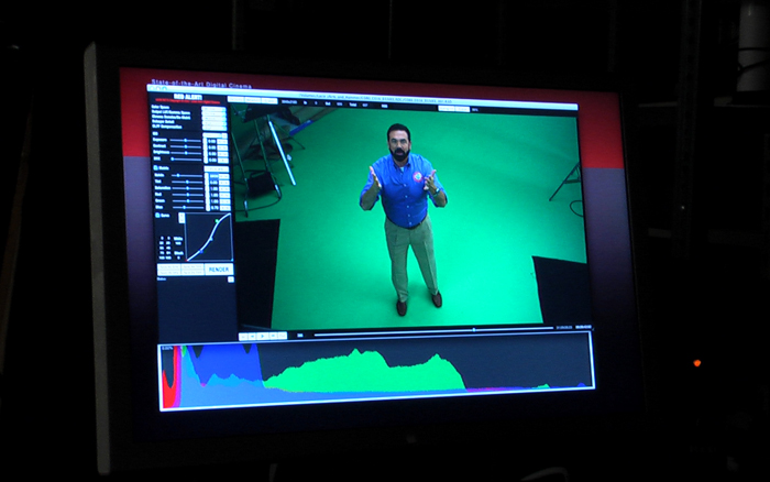 RED ONE histogram showing exposure data during a green screen shot with Pitchmen's Billy Mays