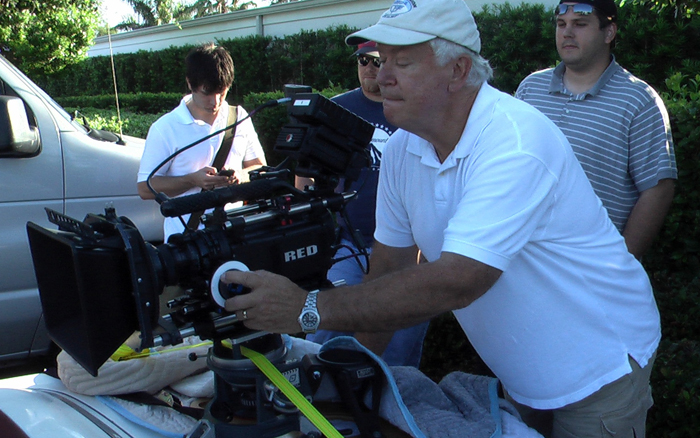Mike Weber checks focus before rolling the Red One fitted to car mount